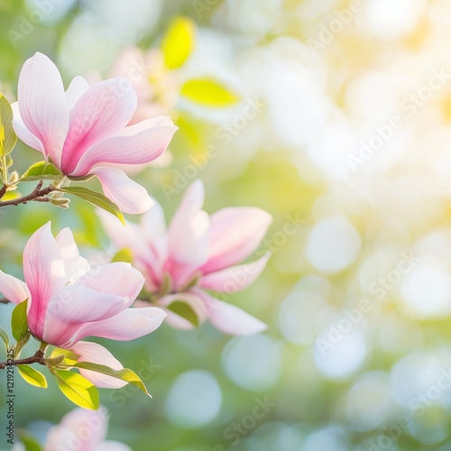 Pink magnolia blossoms with bokeh effect on spring background. Spring nature concept with copy space.