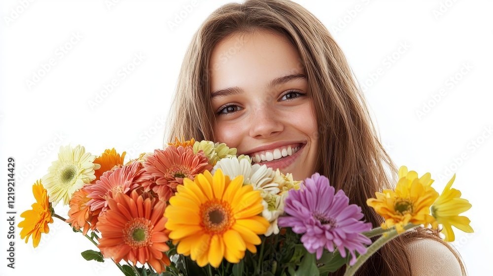 A young woman holding a bunch of flowers, smiling joyfully, on a white isolated background A young woman holding a bunch of flowers, smiling joyfully, on a white isolated background