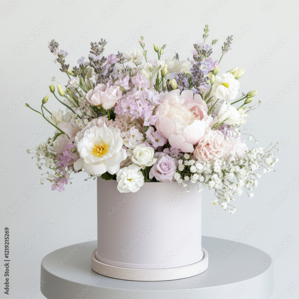 beautiful arrangement of pastel flowers in round vase, featuring peonies, roses, and lavender, creating serene and elegant atmosphere. Perfect for any occasion beautiful arrangement of pastel flowers in round vase, featuring peonies, roses, and lavender, creating serene and elegant atmosphere. Perfect for any occasion