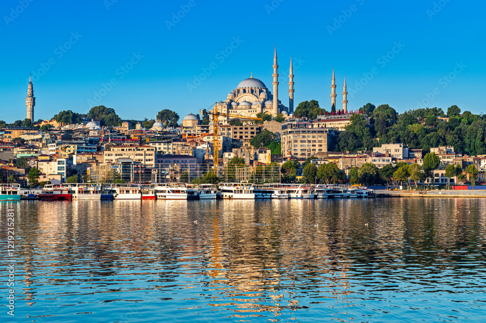 Istanbul city of blue sky citycape is beautiful scenery of summer with lifestyle travel, tourism and vacation in Istanbul town buildings .Turkey.