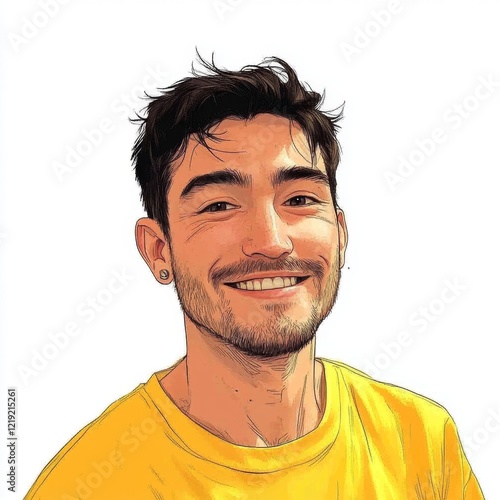 Man with Dark Hair and Beard Wearing Yellow Shirt on Plain Background Portrait Style