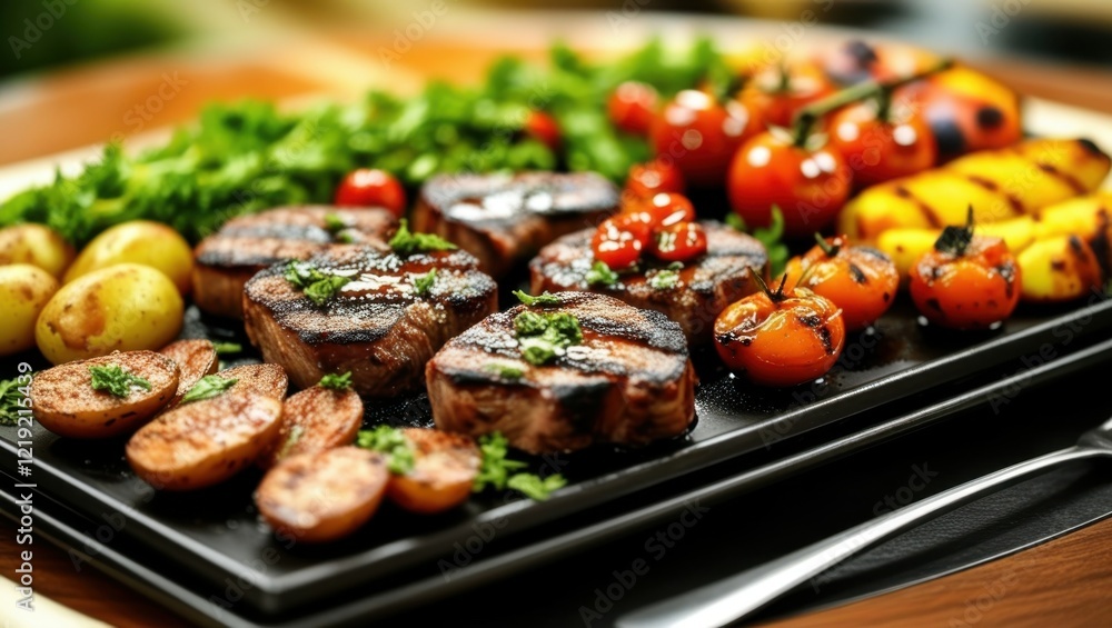 Juicy grilled steak, colorful roasted vegetables, charred cherry tomatoes, seared lemon halves, black serving platter, rustic wooden table, vibrant food photography, shallow depth of field, high contr Juicy grilled steak, colorful roasted vegetables, charred cherry tomatoes, seared lemon halves, black serving platter, rustic wooden table, vibrant food photography, shallow depth of field, high contr