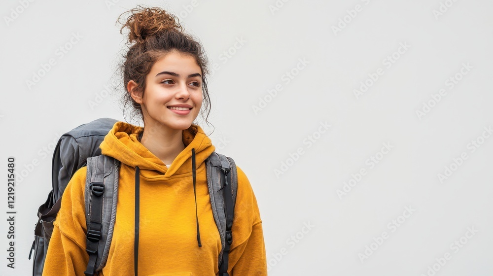 A young woman with a backpack, walking confidently down the street with a smile, on a white isolated background A young woman with a backpack, walking confidently down the street with a smile, on a white isolated background