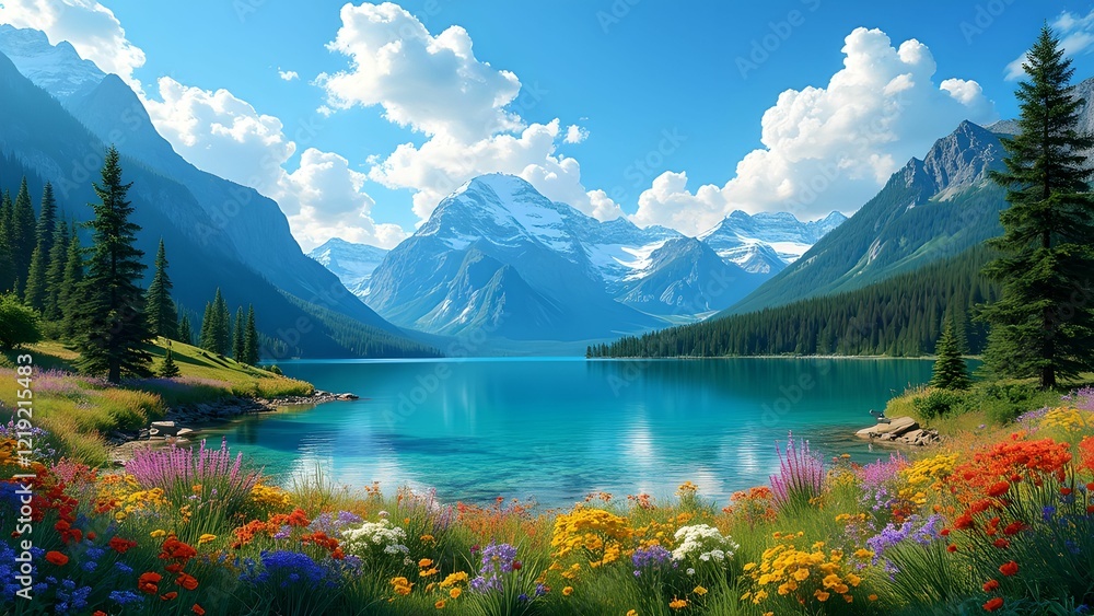 A breathtaking sunset over a lush alpine valley filled with vibrant wildflowers, surrounded by evergreen forests and majestic snow-capped peaks.