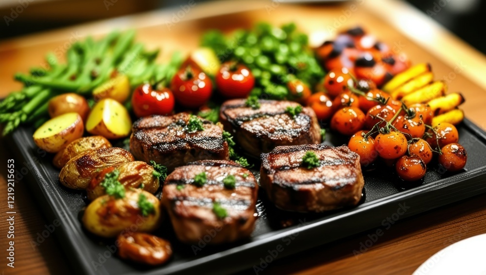 Juicy grilled steak, colorful roasted vegetables, charred cherry tomatoes, seared lemon halves, black serving platter, rustic wooden table, vibrant food photography, shallow depth of field, high contr Juicy grilled steak, colorful roasted vegetables, charred cherry tomatoes, seared lemon halves, black serving platter, rustic wooden table, vibrant food photography, shallow depth of field, high contr