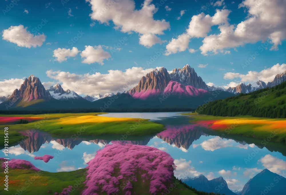 A picturesque alpine meadow brimming with colorful wildflowers, framed by lush evergreen trees and snow-capped mountain peaks under a radiant blue sky.