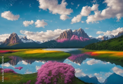 Obraz na płótnie A picturesque alpine meadow brimming with colorful wildflowers, framed by lush evergreen trees and snow-capped mountain peaks under a radiant blue sky. w salonie
