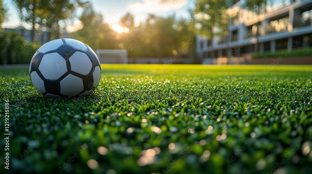 Obraz premium Soccer ball on artificial turf at sunset near residential buildings.