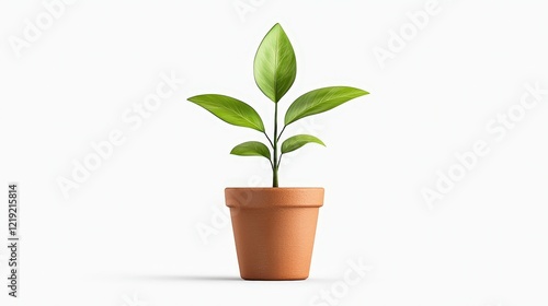 Fresh Green Plant in a Simple Clay Pot Against a Minimalist White Background