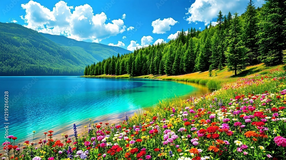 A stunning alpine meadow filled with vibrant wildflowers, framed by dramatic rocky peaks and lush green forests under a radiant, golden sunlit sky.