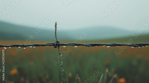 Dew drops on barbed wire in a misty field with orange flowers, creating a serene and tranquil atmosphere with nature s beauty in focus photo