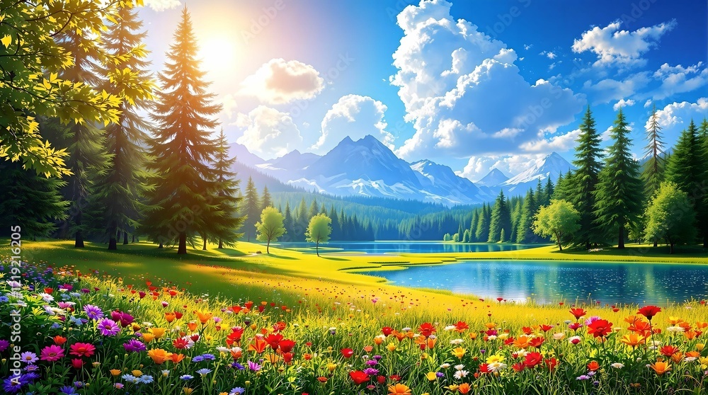 A radiant alpine meadow in full bloom, framed by lush green trees and towering snow-capped mountains under a golden sunlit sky.