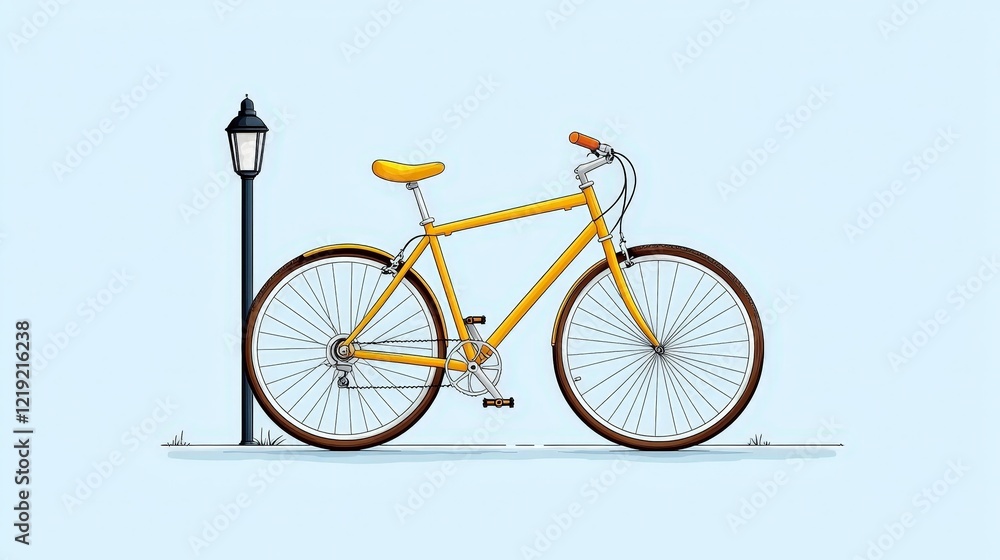 Fototapeta premium Bright Yellow Bicycle Leaning Against Street Lantern on Light Blue Background