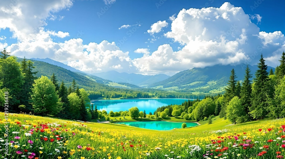 A breathtaking sunset over a lush alpine valley filled with vibrant wildflowers, surrounded by evergreen forests and majestic snow-capped peaks.
