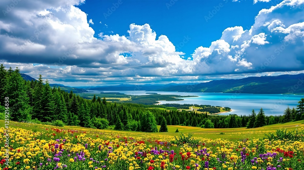 A vast and colorful alpine meadow stretches towards majestic snow-capped mountains, under a dynamic sky filled with fluffy clouds.