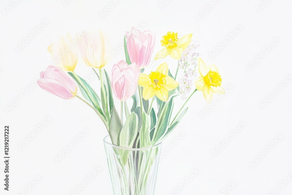 Fototapeta premium Delicate spring flowers bouquet featuring tulips and daffodils in a glass vase, perfect for spring decor and fresh floral arrangements