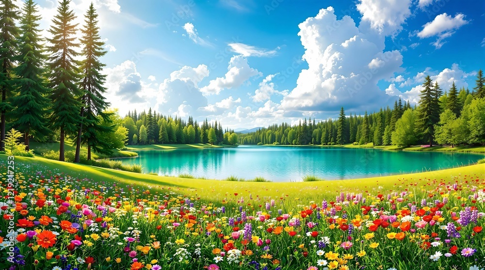 A radiant alpine meadow in full bloom, framed by lush green trees and towering snow-capped mountains under a golden sunlit sky.