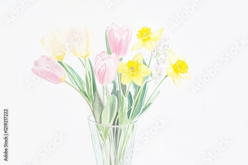 Wallpaper Mural Delicate spring flowers bouquet featuring tulips and daffodils in a glass vase, perfect for spring decor and fresh floral arrangements Torontodigital.ca