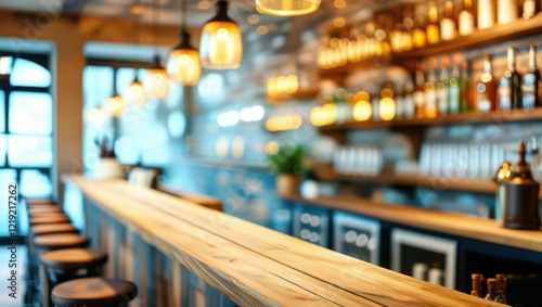 Wallpaper Mural Bar counter, warm lighting, pendant lamps, blurred background, liquor bottles, cozy atmosphere, wood grain, depth of field, soft focus, inviting ambiance, restaurant interior, rustic decor, golden hou Torontodigital.ca