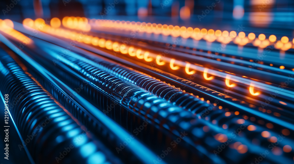 Heat exchangers arranged in a grid-like structure, with visible thermal gradients depicted by rising heat waves and atmospheric lighting. Heat exchangers arranged in a grid-like structure, with visible thermal gradients depicted by rising heat waves and atmospheric lighting.