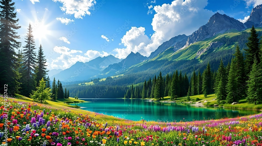 A stunning alpine meadow filled with vibrant wildflowers, framed by dramatic rocky peaks and lush green forests under a radiant, golden sunlit sky.