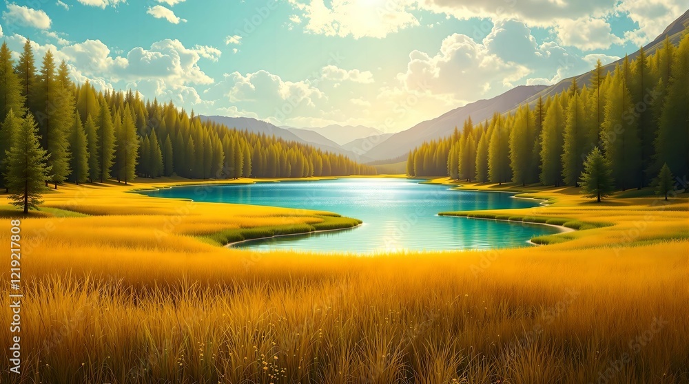 A vibrant alpine meadow in full bloom, framed by lush green forests and majestic snow-capped mountains under a sunny blue sky.