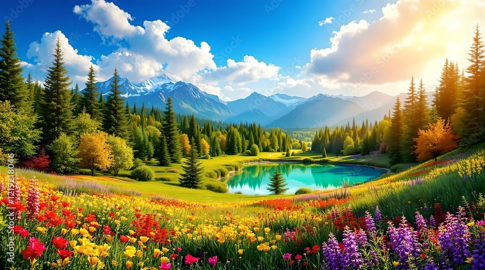 A breathtaking sunset over a lush alpine valley filled with vibrant wildflowers, surrounded by evergreen forests and majestic snow-capped peaks.