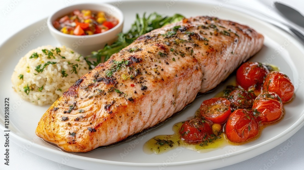 Grilled salmon with rice, tomatoes, and salsa. Grilled salmon with rice, tomatoes, and salsa.