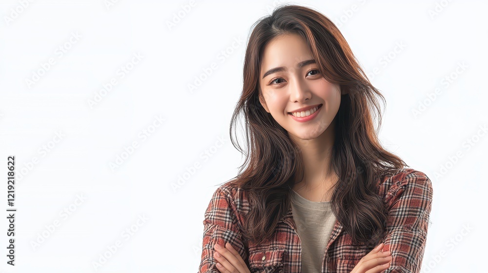 A woman with long hair, standing with arms crossed and a smile, wearing casual clothes, on a white isolated background A woman with long hair, standing with arms crossed and a smile, wearing casual clothes, on a white isolated background