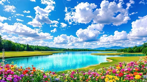 Obraz na płótnie A radiant alpine meadow in full bloom, framed by lush green trees and towering snow-capped mountains under a golden sunlit sky. w salonie