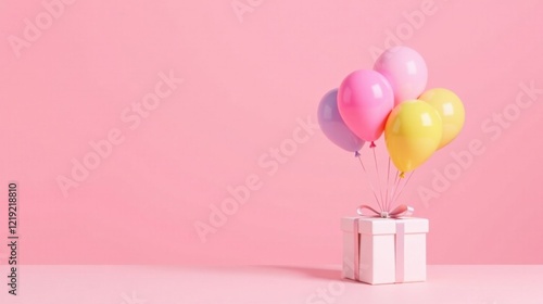 Pastel Balloons Ascend Above a Gift Box on Pink Background