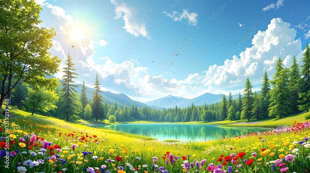 A vibrant alpine meadow in full bloom, framed by lush green forests and majestic snow-capped mountains under a sunny blue sky.