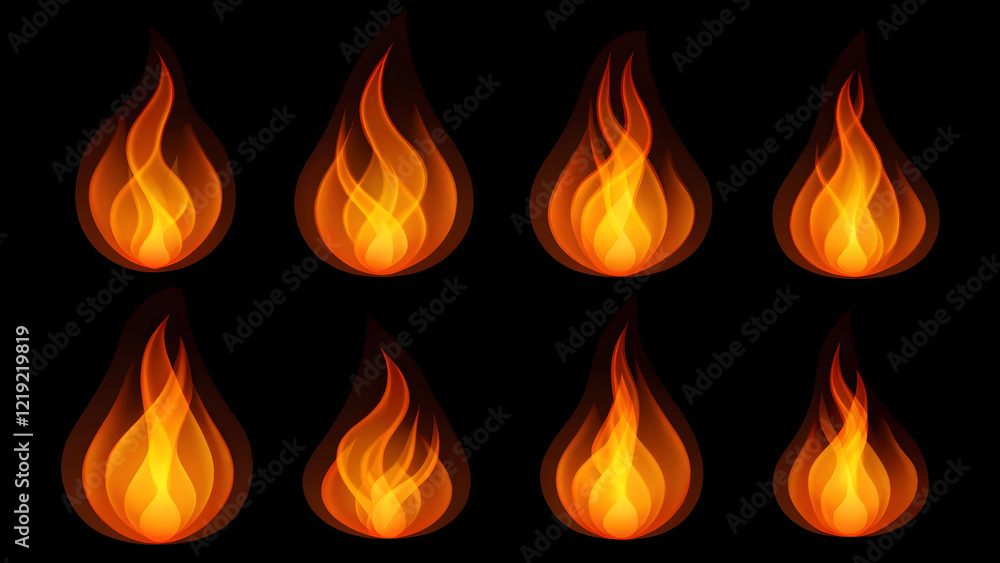 Set of bright and dynamic fire flames, cut out Set of bright and dynamic fire flames, cut out