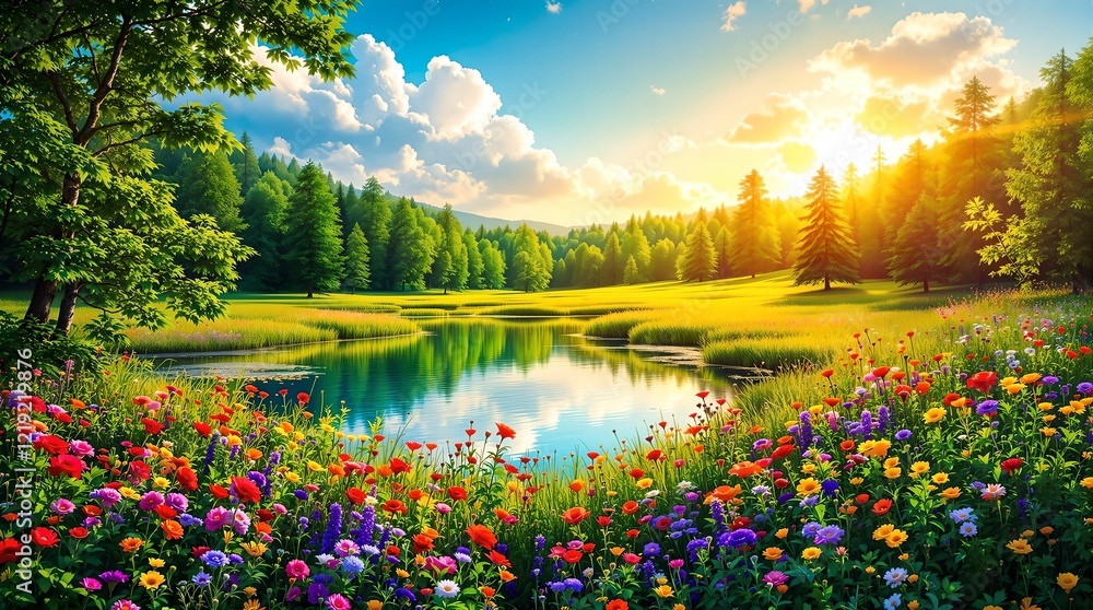 A picturesque alpine meadow brimming with colorful wildflowers, framed by lush evergreen trees and snow-capped mountain peaks under a radiant blue sky.