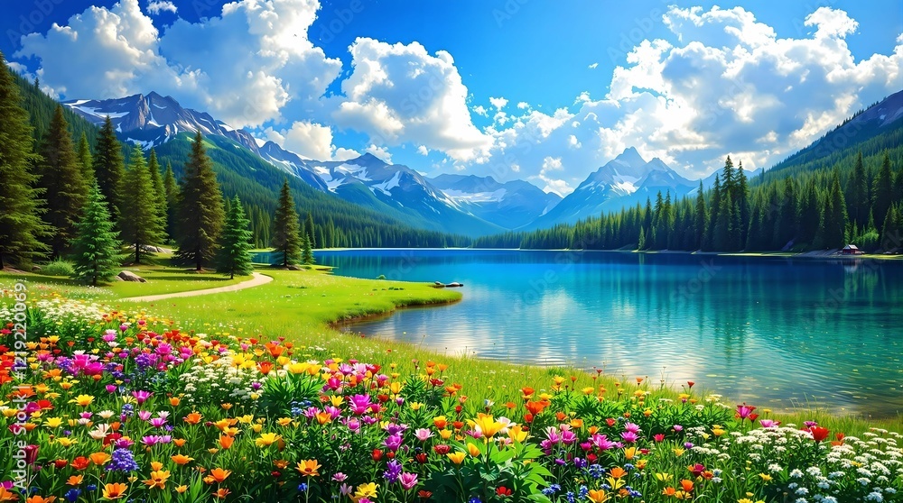 A radiant alpine meadow in full bloom, framed by lush green trees and towering snow-capped mountains under a golden sunlit sky.