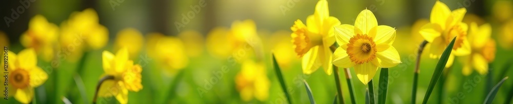 Obraz premium Bright yellow daffodils blooming in a spring meadow , flower, sunshine, green