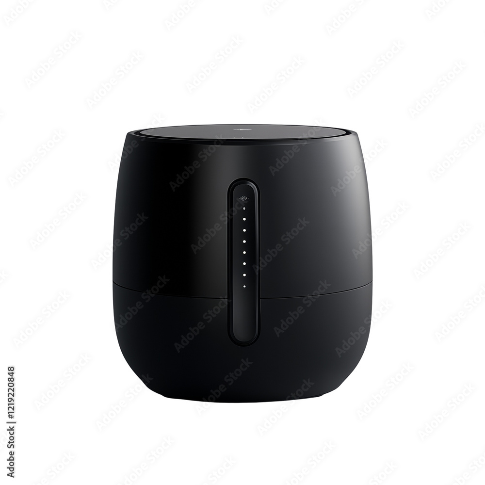 The image shows a modern black wireless speaker with a sleek cylindrical design and minimal controls. The image shows a modern black wireless speaker with a sleek cylindrical design and minimal controls.