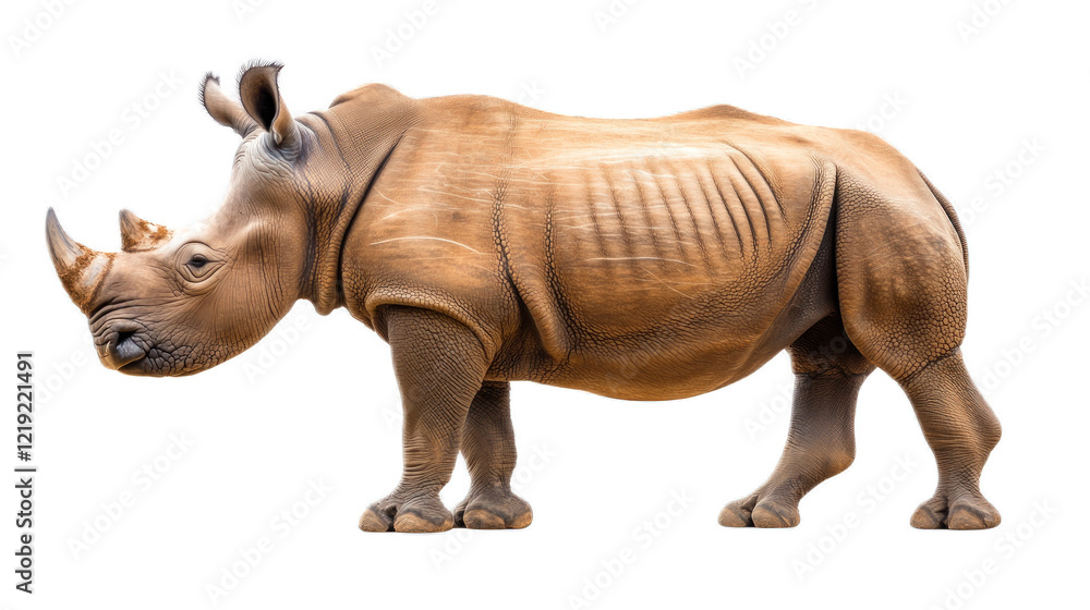 Naklejka premium A Majestic Rhinoceros Stands Gracefully on a Transparent Background, Showcasing Its Unique Texture and Bold Presence in Nature's Wild Landscape