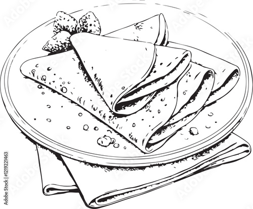 French Crêpes for Breakfast Sketch Drawing Linear Line Art Engraving Black and White Vector Illustration