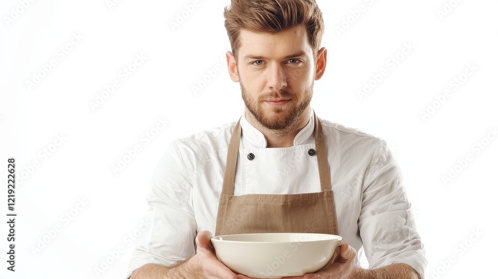 A man wearing a chef apron, preparing a dish in a kitchen, looking focused and professional, on a white isolated background A man wearing a chef apron, preparing a dish in a kitchen, looking focused and professional, on a white isolated background