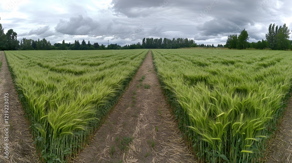 Serene Green Barley Field with Two Paths Under Cloudy Sky Serene Green Barley Field with Two Paths Under Cloudy Sky