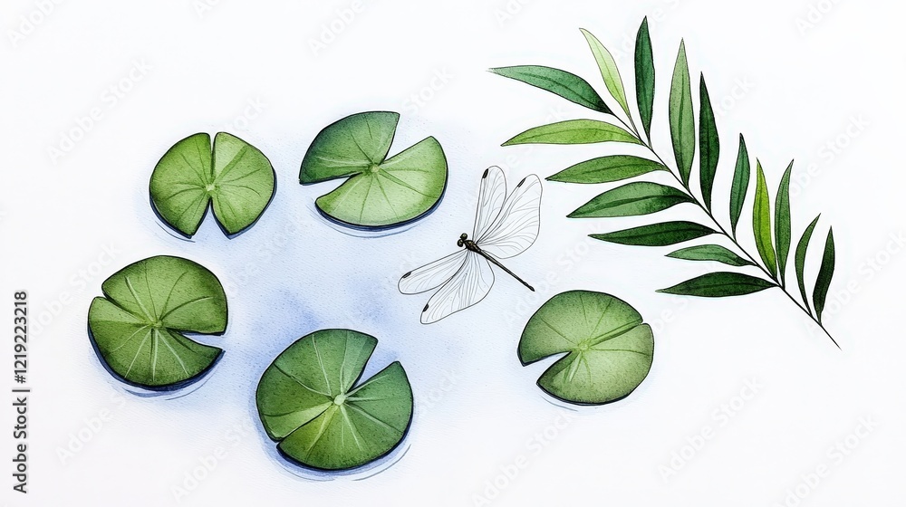 Elegant Water Lilies with Delicate Dragonfly and Fern Leaf on White Background Elegant Water Lilies with Delicate Dragonfly and Fern Leaf on White Background
