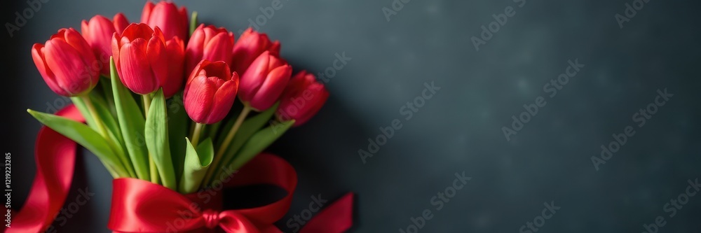 Crimson tulips, vibrant red ribbon, elegant bouquet, stem, spring, ribbon Crimson tulips, vibrant red ribbon, elegant bouquet, stem, spring, ribbon