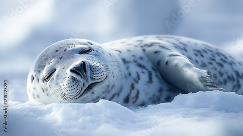 A leopard seal resting on an ice floe in Antarctica under soft morning light