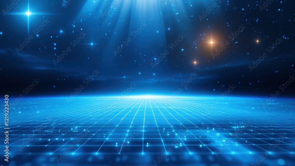 futuristic digital grid, blue glowing lines, cosmic space background, starry sky, bright central light beam, sci-fi landscape, tron-like aesthetics, infinite horizon, digital frontier, cyberpunk atmos futuristic digital grid, blue glowing lines, cosmic space background, starry sky, bright central light beam, sci-fi landscape, tron-like aesthetics, infinite horizon, digital frontier, cyberpunk atmos