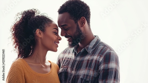 A couple in casual clothing, standing together and looking at each other with love and joy, on a white isolated background