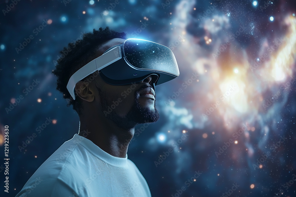 EXPLORE INFINITE WORLDS!. A man looking upwards with a VR headset, surrounded by swirling glitch effects and a galaxy-like virtual backdrop. Concept illustration. EXPLORE INFINITE WORLDS!. A man looking upwards with a VR headset, surrounded by swirling glitch effects and a galaxy-like virtual backdrop. Concept illustration.