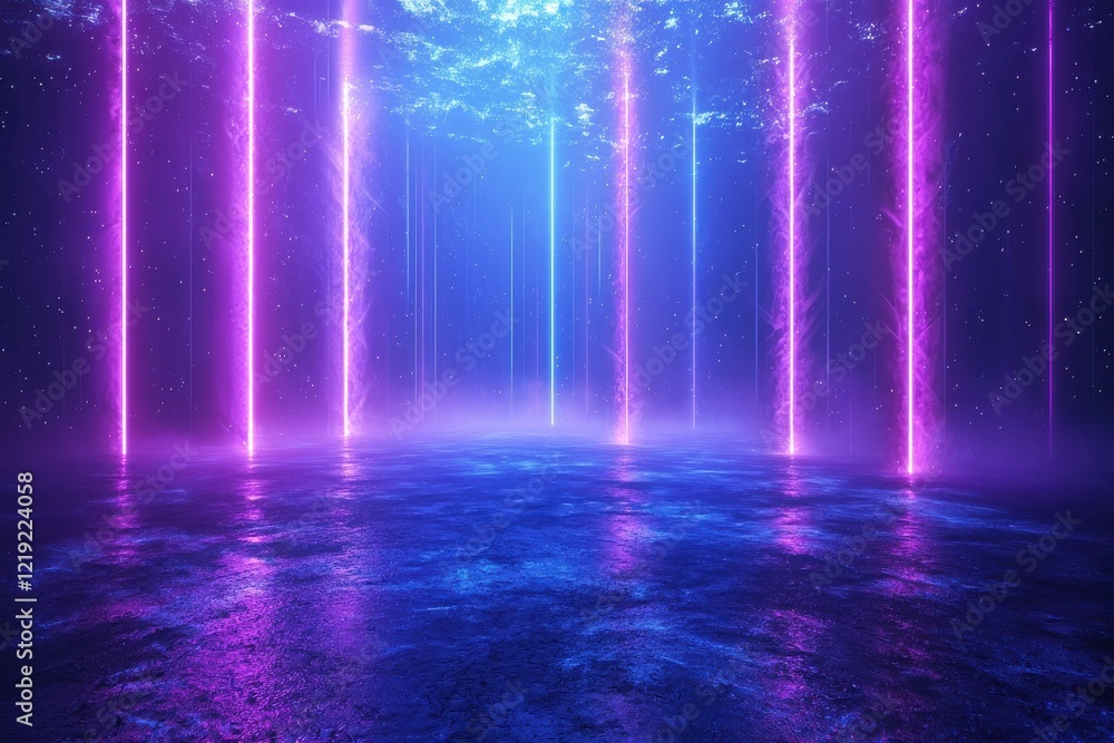 Vivid purple and blue neon light streaks in a futuristic landscape Vivid purple and blue neon light streaks in a futuristic landscape