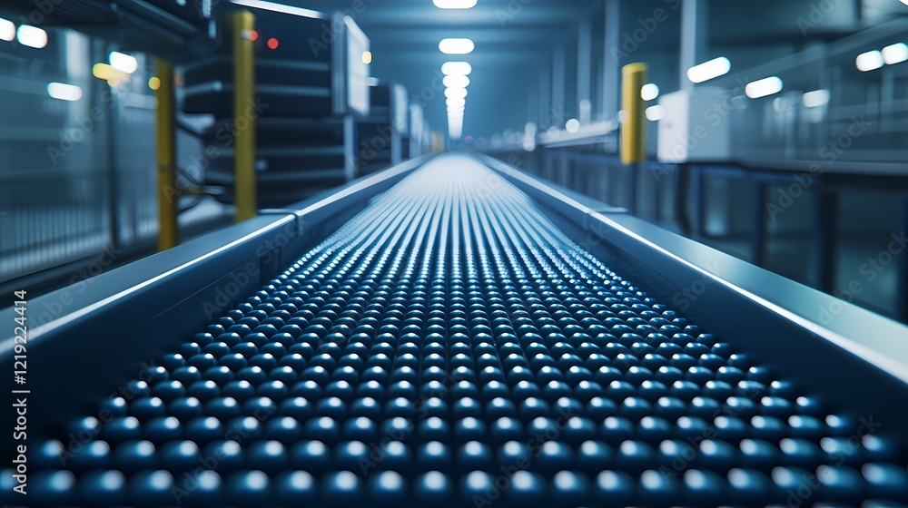Naklejka premium A conveyor belt stretches into a well-lit industrial space, showcasing a streamlined design and efficient layout typical of modern manufacturing facilities.