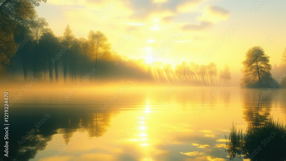 Obraz premium Serene lake reflection, golden sunrise, misty morning, silhouetted trees, ethereal landscape, atmospheric fog, calm waters, nature painting, dream-like scenery, soft light, tranquil environment, water